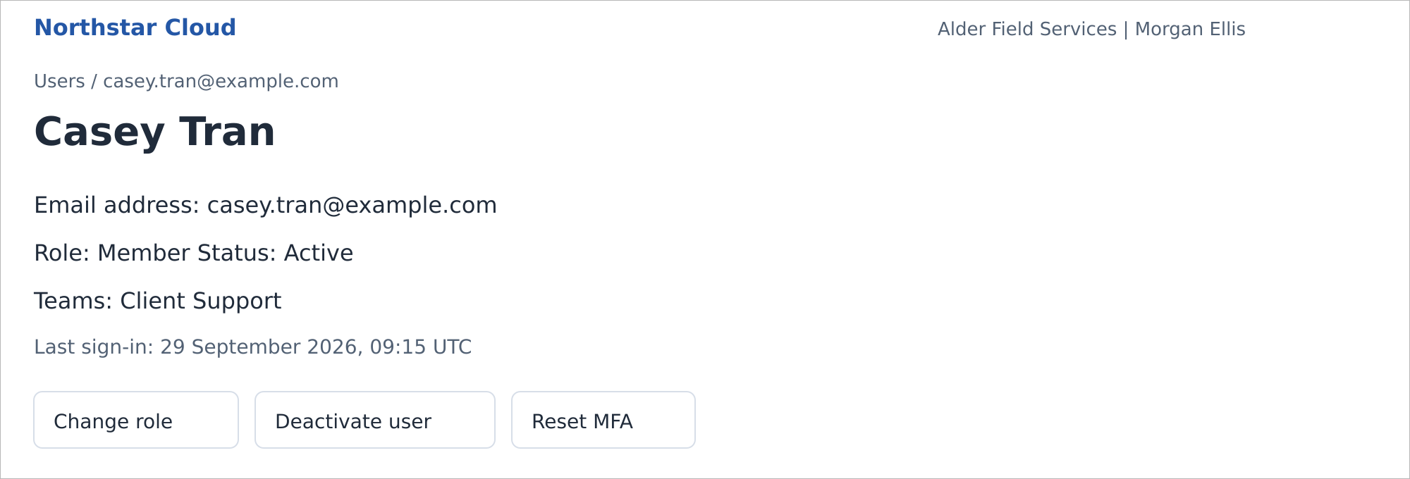 Casey Tran’s active account, viewed by an Owner. Fictional product mockup.
