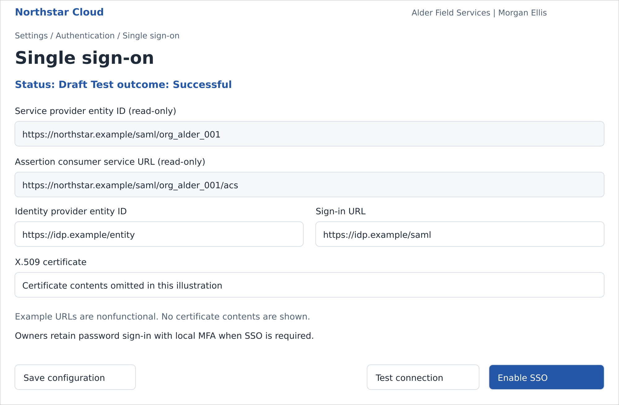 A saved Draft connection after a successful test. Fictional product mockup.