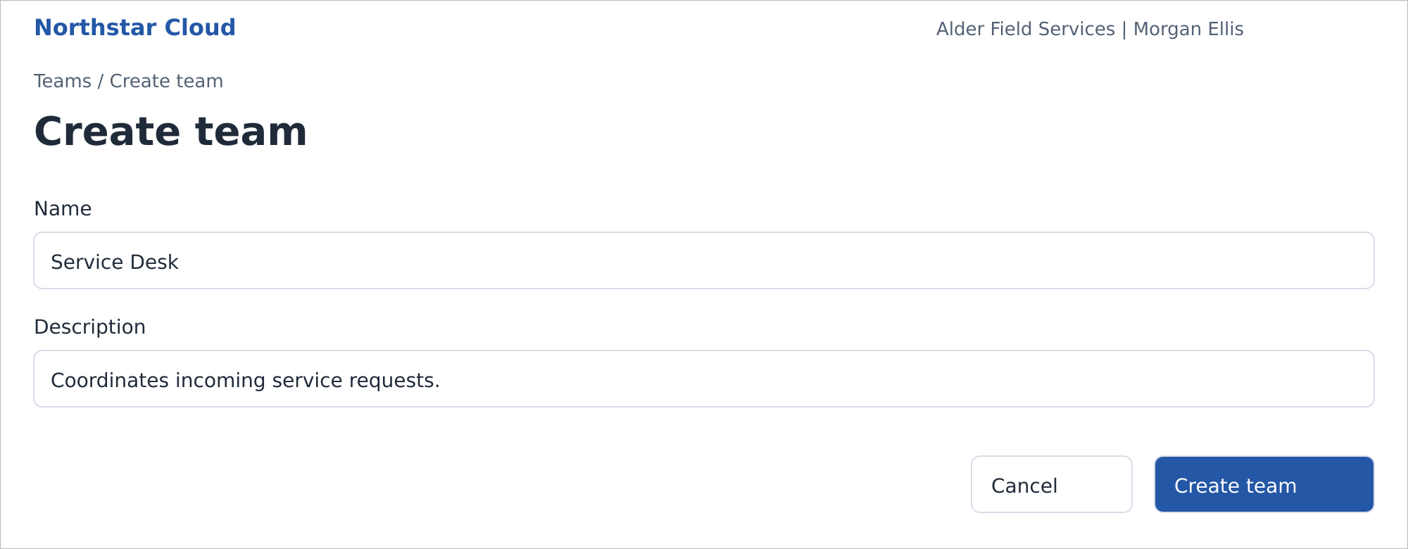 Create a team with a name and optional description. Fictional product mockup.