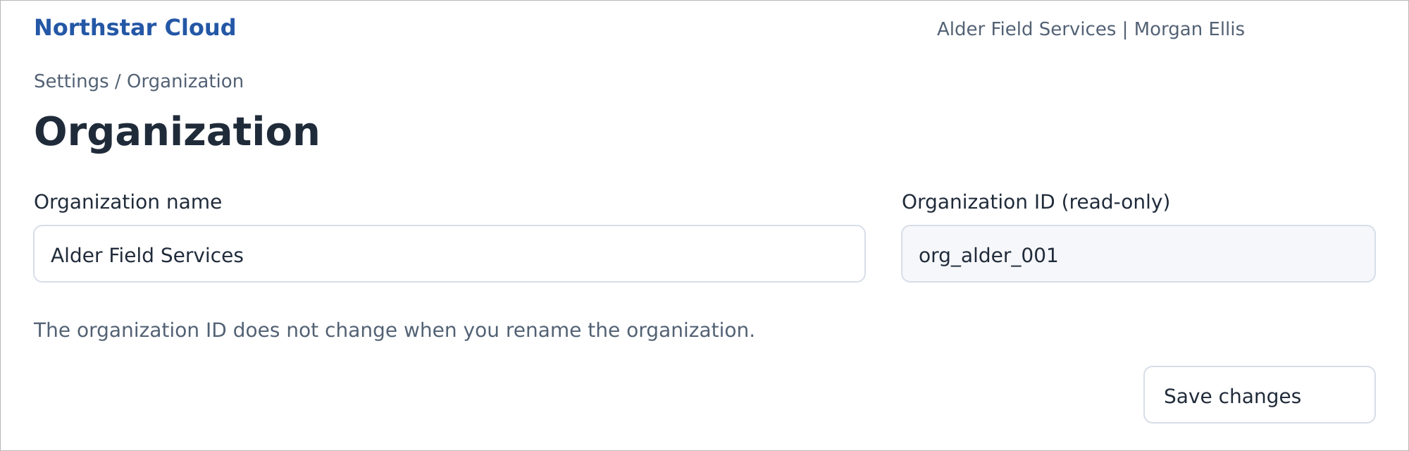 Organization settings with an editable name and read-only ID. Fictional product mockup.