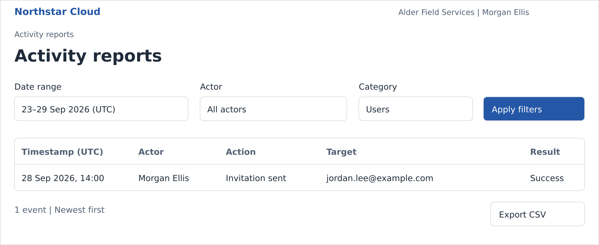 Activity filtered to Users for 23–29 September 2026 UTC. Fictional product mockup.