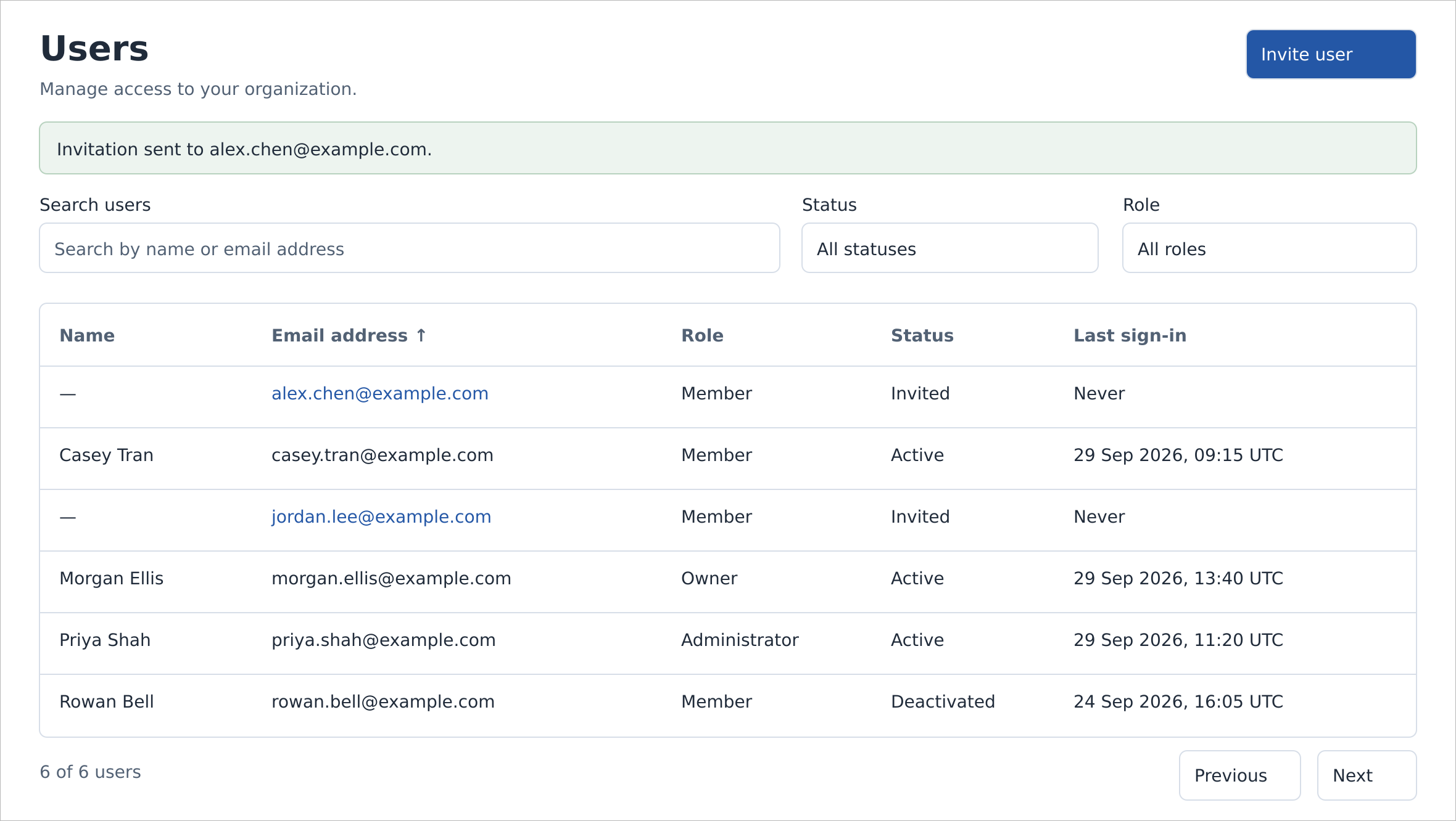 Users list showing alex.chen@example.com with Invited status, no name, and Last sign-in Never.