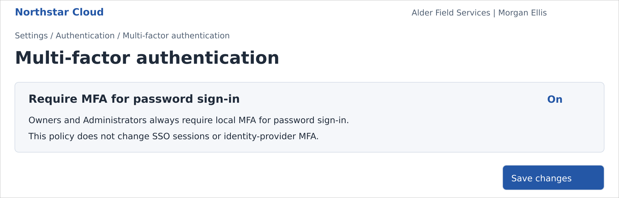 Organization MFA policy with the Member requirement turned on. Fictional product mockup.
