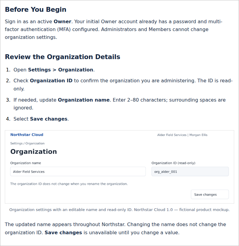 The organization setup article uses prerequisites and numbered instructions informed by Eliza’s authored guides.