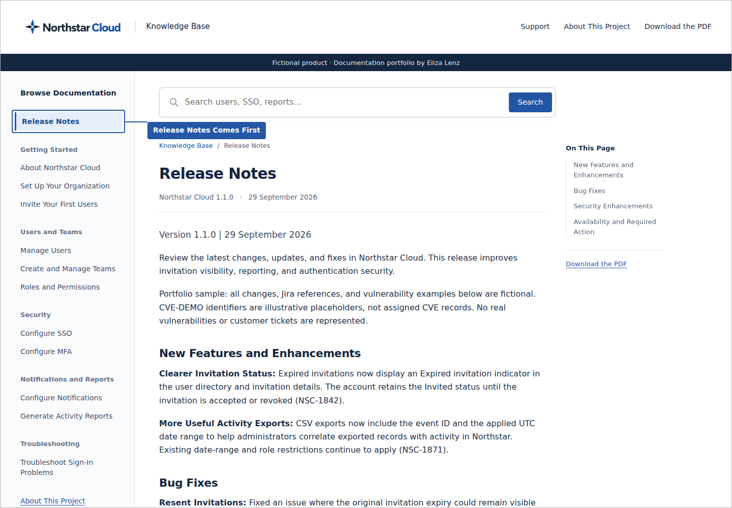 The blue callout identifies Release Notes as the first item in the documentation tree.