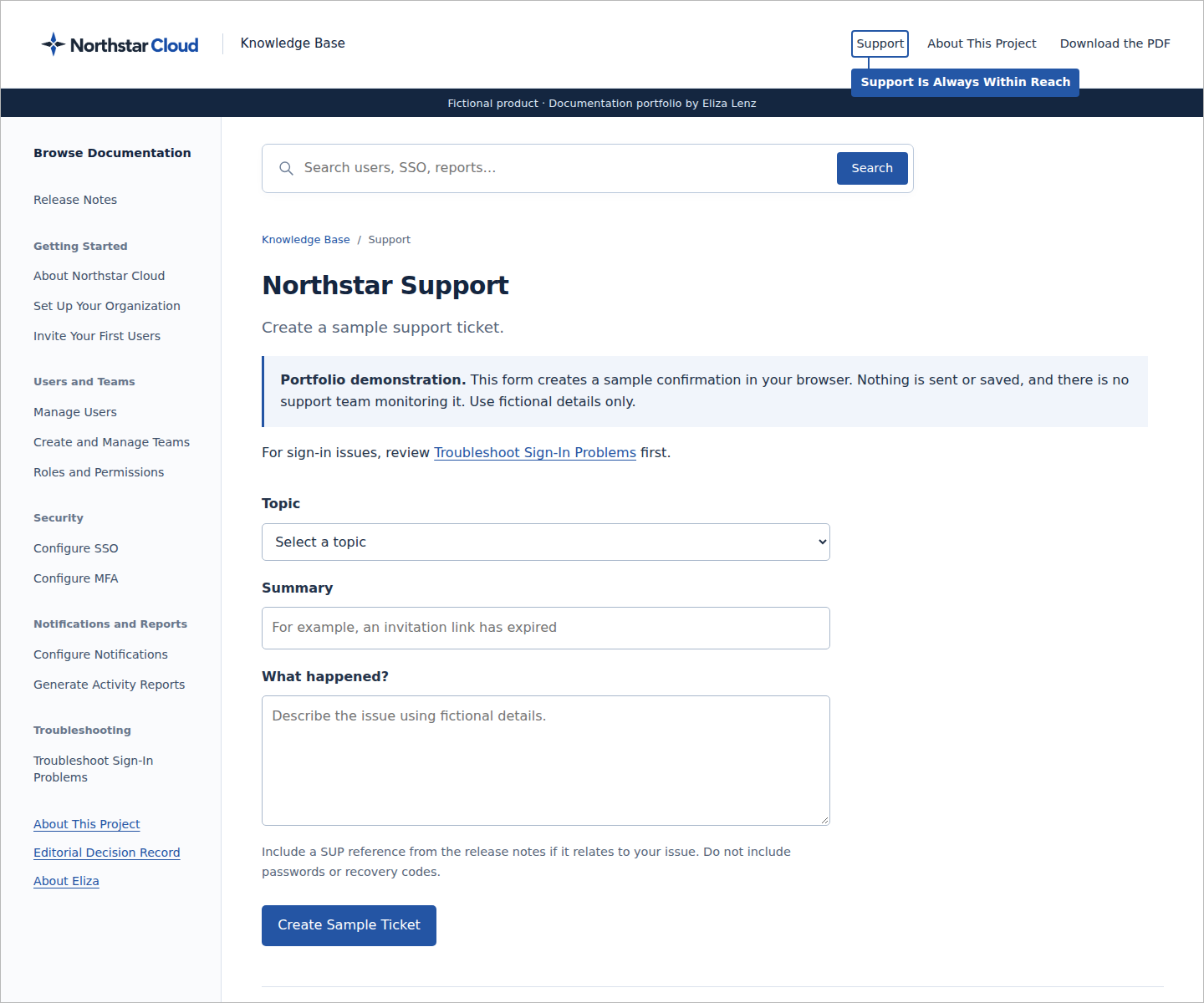The Support page and a blue callout showing the Support entry point in the site header.
